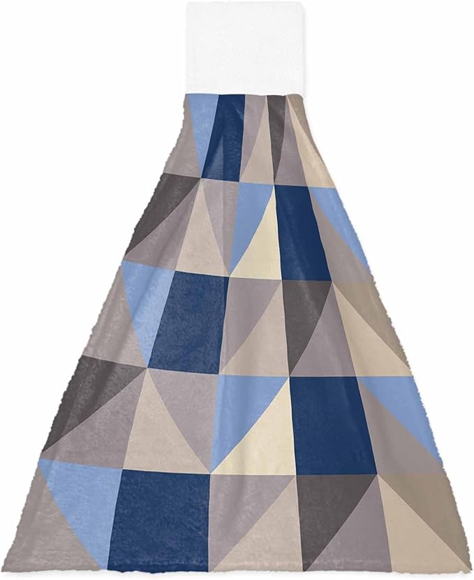 Alandar Home Kitchen Tie Towel Set of 1, Splicing Geometric Art Absorbent Soft Hand Towels for Bathroom Hanging Towels, Blue Grey Khaki Triangle and Square Fast Drying Cleaning Cloth with Loop