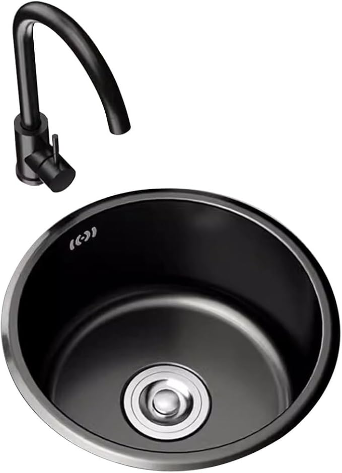 Single Bowl Home Commercial Restaurant Dishwasher Basin Small Size Bar Sink Stainless Steel Round Sink with Faucet Kitchen Sink (Black 36 * 36cm)