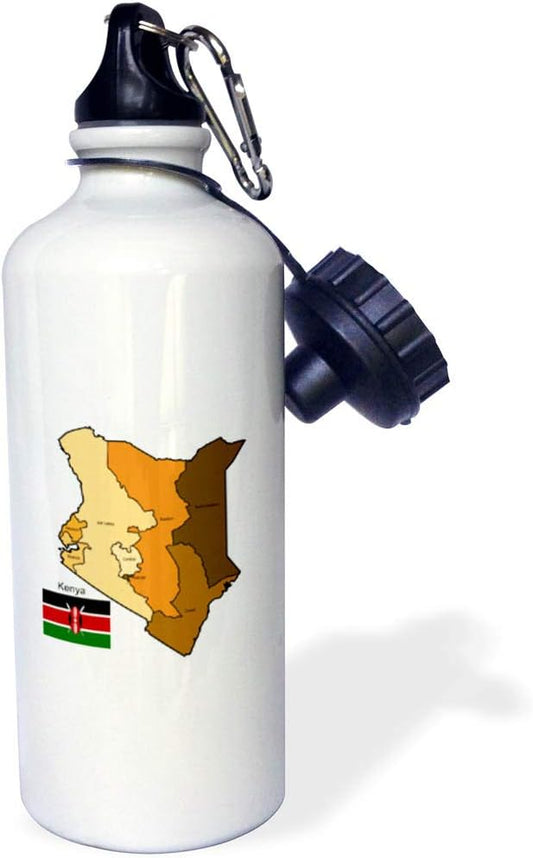 3dRose "Colorful Flag and Map of the Republic of Kenya showing each province colored and labeled." Sports Water Bottle, 21 oz, White