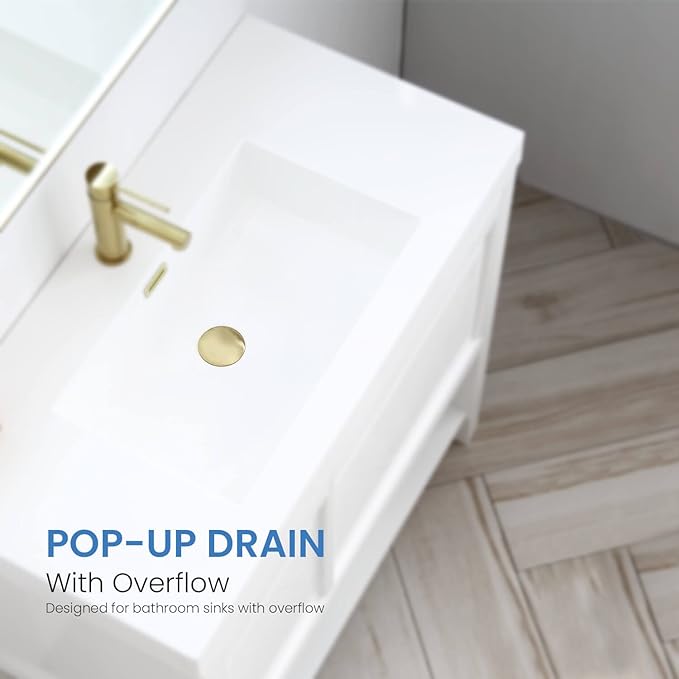 KIBI Bathroom Sink Pop-Up Drain with Overflow (Full Cover) | Lavatory Vanity Drain Stopper | Durable Leak-Proof Sink Drain for Bathroom, Kitchen, and Lavatories | Brushed Gold, KPW102