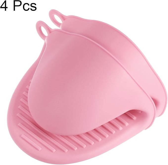 HARFINGTON 4pcs Thickened Mini Oven Gloves, Heat Resistant Silicone Oven Mitts Finger Pinch Grips Pot Holder for Kitchen, Cooking, Baking, BBQ Heat Resistant Gloves, Pink