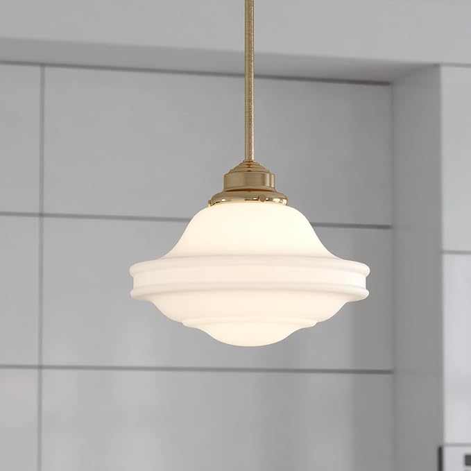VAXCEL Huntley 12 inch Adjustable Semi-Flush Ceiling Pendant Light, Farmhouse Schoolhouse Style, Natural Brass Finish, White Milk Glass, Dimmable E26 Bulb Compatible, Damp Rated