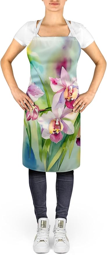 Caroline's Treasures Orchids in Watercolor Apron Cooking Kitchen Server Baking Crafts Gardening for Adult Women Men, Unisex, Large, Multicolor