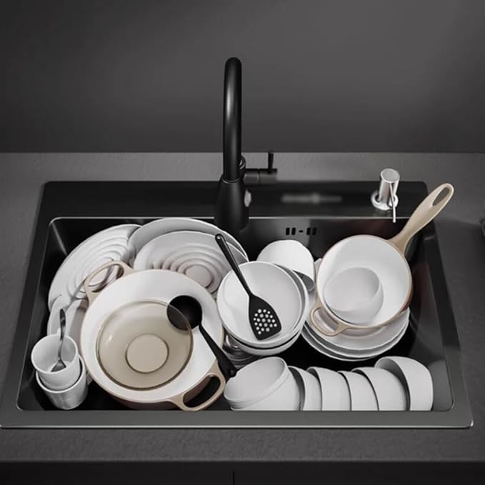 Single Bowl Two Hole Stainless Steel Single Bowl Sink Durable and Practical Kitchen Sink Bar Sink Dishwashing Sink Thickened Panel (Black 55 * 45 * 21cm)