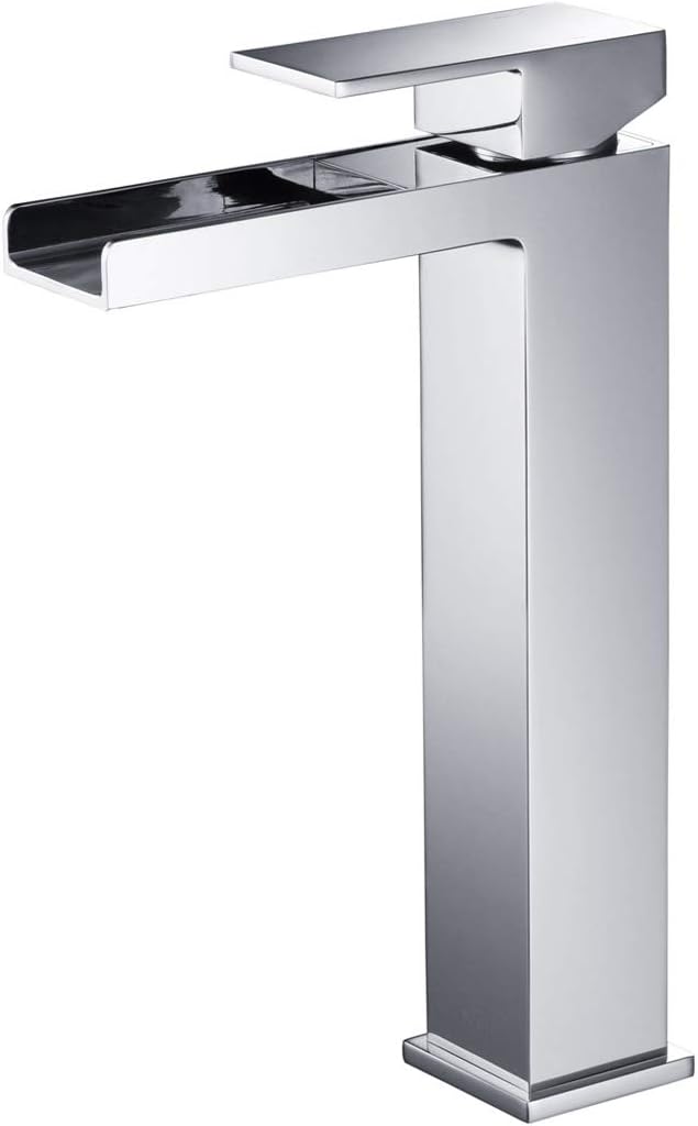 KIBI Tall Waterfall Faucet for Bathroom Sink | Single Handle Brass Vanity Faucet with Water Supply Hose | Durable Brass Construction and Smooth Water Flow | Chrome Finish - KBF1005