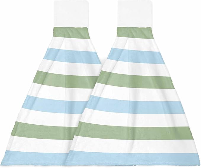 Alandar Home Kitchen Tie Towel Set of 2, Geometric Sage Green and Blue Stripes Absorbent Soft Hand Towels for Bathroom Hanging Towels, Minimalist Lines on White Fast Drying Cleaning Cloth with Loop