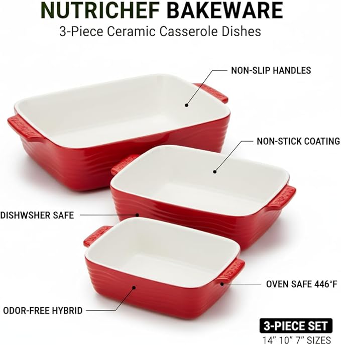 NutriChef 3-Piece Ceramic Casserole Dish for Oven - Premium Lasagna Baking Pans w/ Nonstick Coating & Built-In Handles - Dishwasher & Microwave Safe - 14" x 8", 10" x 6", 7" x 5" - Red
