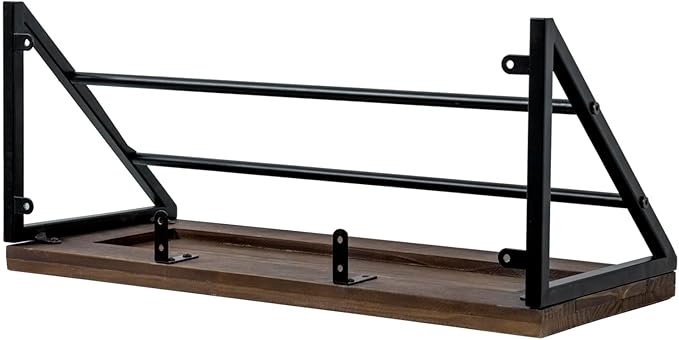 MyGift Urban Industrial Burnt Solid Wood Kitchen Floating Shelf with Black Metal Brackets for Pots and Pans with 12 S-Hooks Utensil Hanger, Wall Mounted Storage Display Shelving
