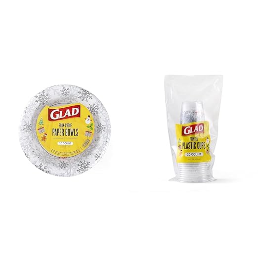 Glad Holiday Tableware Bundle: Disposable Paper Bowls & Plastic Cups with Festive Grey Snowflake Design - 20 Bowls & 20 Drinking Cups for Everyday Use