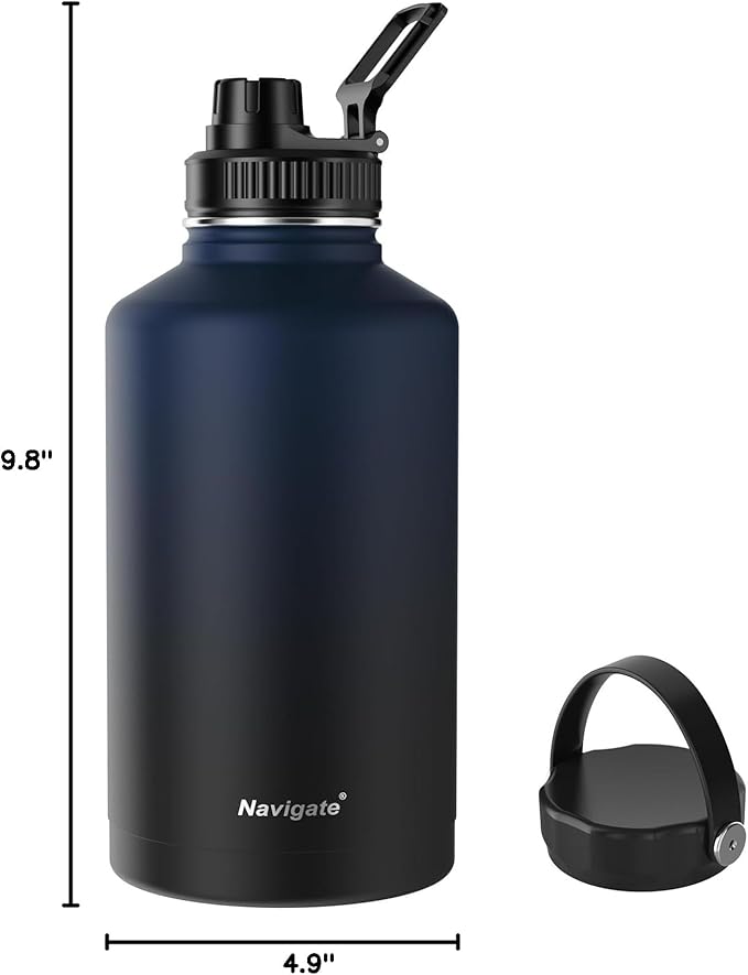 Navigate 64 oz Stainless Steel Insulated Water Bottle,Double Walled Leak Proof Keep Cold for 24 Hrs Hot for 12 Hrs,Wide Mouth Water Jug with Spout & Handle Lids,Blue to Black