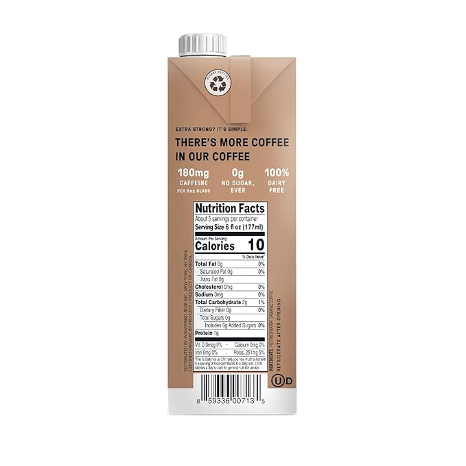 Wandering Bear Extra Strong Organic Cold Brew Coffee, Straight Black, 32 fl oz, 1 pack - Smooth, Organic, Unsweetened, Shelf-Stable, and Ready to Drink & Vegan Cold Brew.