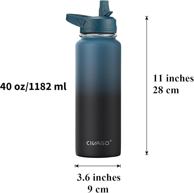CIVAGO 40 oz Insulated Water Bottle With Straw, Stainless Steel Sports Water Cup Flask with 3 Lids, Double Walled Travel Thermal Canteen Mug, Red