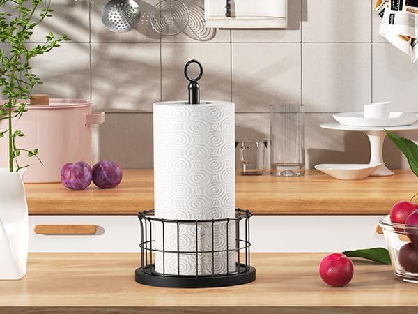 Homode Paper Towel Holder Countertop, Free-Standing Paper Towel Rack with Heavy Duty Wood Base, Industrial Paper Towel Roll Stand for Kitchen Counter, Fits Standard and Jumbo Size Rolls, Black