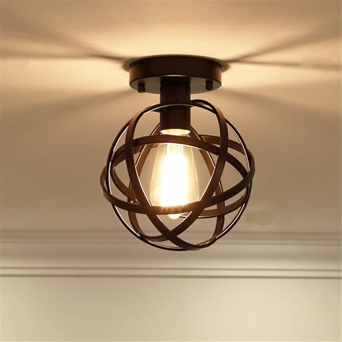 Industrial Metal Spherical Pendant Light, Hanging Cage Globe Ceiling Light Fixture, Semi-Flush Mount Pendant for Kitchen Dining Room Entryway Hallway