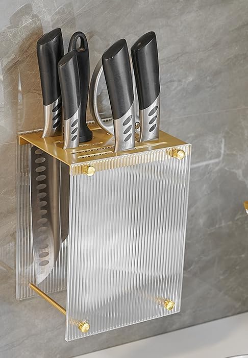 Kitchen Shelf, Chopsticks, Knife Storage Rack, Wall-Mounted Cutting Board Shelf, A Type - Brushed Gold [Knife Holder + Chopstick cage + Cutting Board]