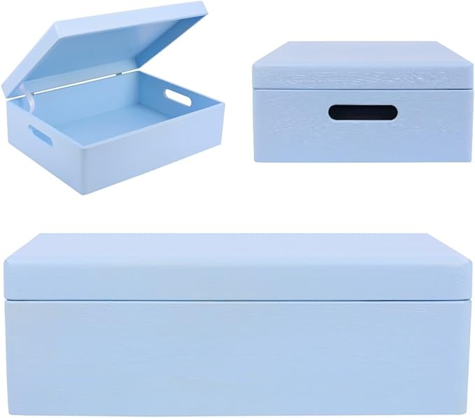 Creative Deco XL Blue Wooden Box Storage with Hinged Lid | 15.8x11.8x5.5in (+-0.5) | Keepsake with Handles | Gift Box for Tool Dog Toy Kitchen Storage | Wood Chest Trunk