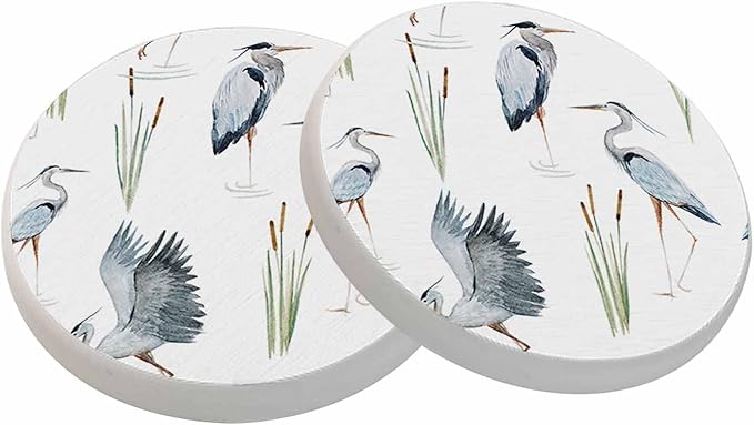oFloral Grey Heron Coasters for Drinks Birds Reeds River Chinese Style Cups Place Mats for Home Decor Set of 2, 4 Inch