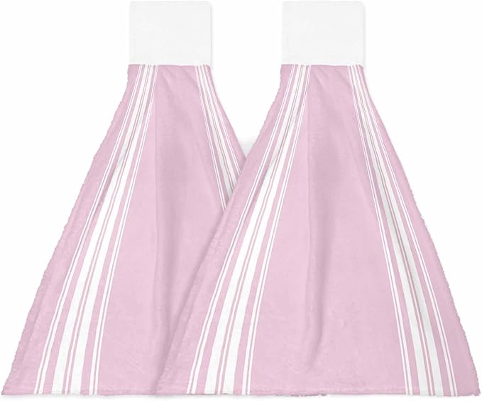 Alandar Home Kitchen Tie Towel Set of 2, Rustic Modern Minimalist Art Absorbent Soft Hand Towels for Bathroom Hanging Towels, White Stripe Line on Pink Fast Drying Cleaning Cloth with Loop