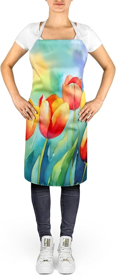 Caroline's Treasures Tulips in Watercolor Apron Cooking Kitchen Server Baking Crafts Gardening for Adult Women Men, Unisex, Large, Multicolor