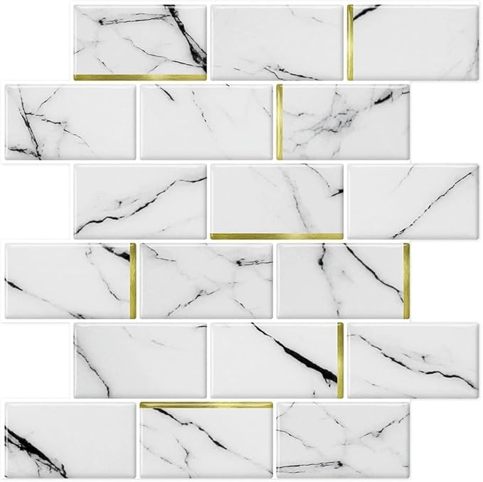 DÉCOR WOW Peel & Stick Backsplash for Kitchen & Bathroom, (8) 12x12-inch Sheets Covers 8 Sq. Ft, White Marble Subway with Gold