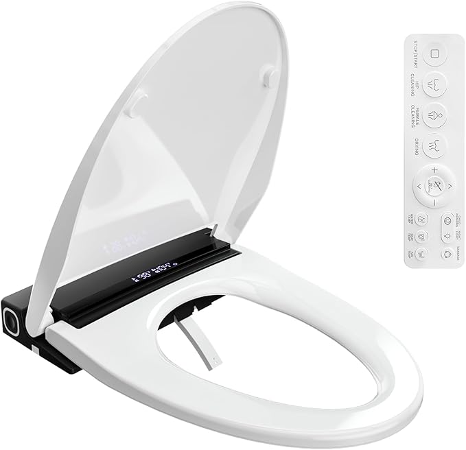 Baotree Electric Toilet Seat, Elongated Smart Heated Toilet Seat with Warm Water & Dryer, Feminine & Child Hip Wash, Wireless Remote, Self-Clean, Stainless Steel Nozzle, Adjustable Water Pressure