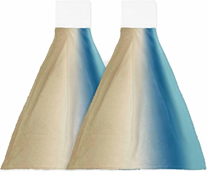 Alandar Home Kitchen Tie Towel Set of 2, Gradient Blue Beige Farmhouse Absorbent Soft Hand Towels for Bathroom Hanging Towels, Modern Watercolor Art Fast Drying Cleaning Cloth with Loop