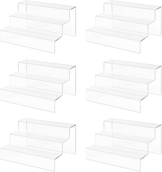 Marketing Holders 6 Pack Multi Level Riser Clear Acrylic Counter Top Display 3 Tier 9 Inch Wide by 7.75 Inch Deep Makeup Bottle Showcase Jewelry Perfume Rack Collections Platform Shelf