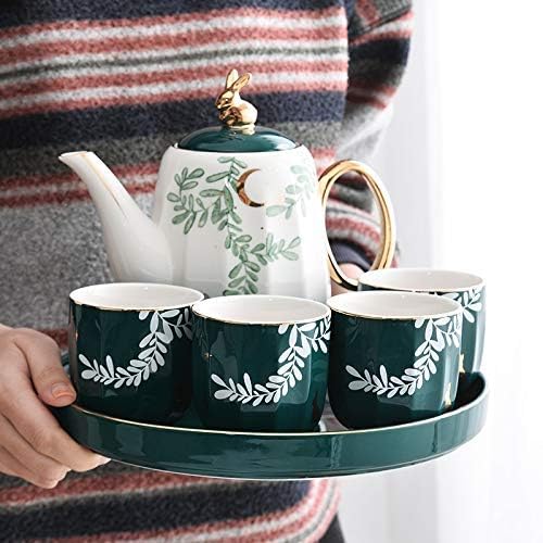 Green Tea Set Cups and Mugs Home Nordic Teapot Living Room Ceramics Water Fixture Five-Piece with Tray Teaware Sets,
