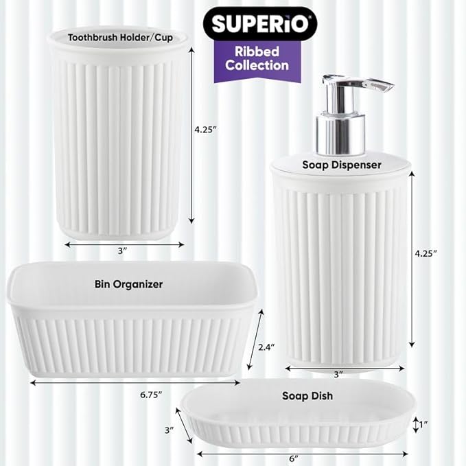 Decorative Plastic Bathroom Accessories Set, White (Set of 4) Soap Dish, Liquid Dispenser, Toothbrush Holder Cup, Vanity Organizer Tray - Bath Accessory Countertop Decor Gift - Ribbed Design
