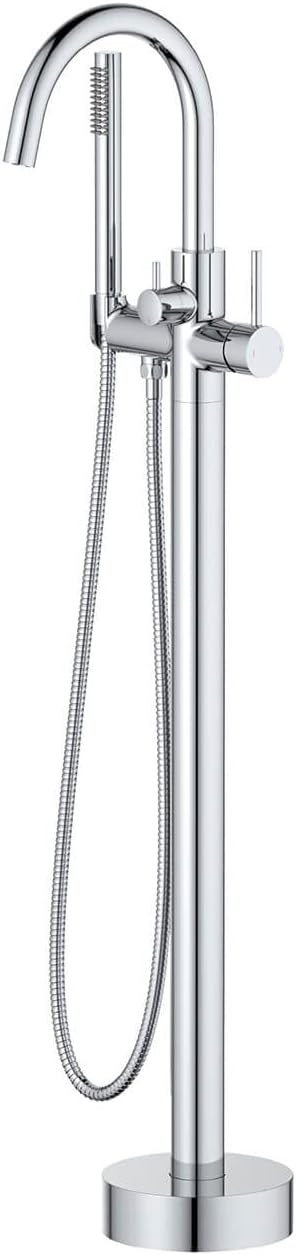 KIBI Circular Floor Mount Bathtub Faucet with Hand Shower | Single Handle Freestanding Tub Filler | Modern Bath Faucet for Tub and Shower | Chrome Finish, KTF301