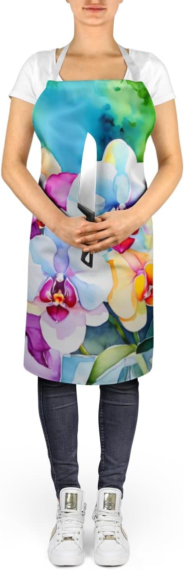 Caroline's Treasures Orchids in Watercolor Apron Cooking Kitchen Server Baking Crafts Gardening for Adult Women Men, Unisex, Large, Multicolor