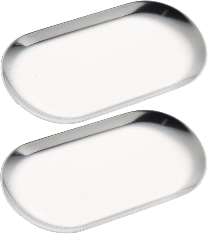 SUTOKAKA Decorative Serving Tray, Manicure Tools Storage Dish, Perfume Jewelry Dinner Placing Plate for Bedroom Kitchen Salon Supplies (Stainless Steel - 2PC, 7.09 * 3.35 * 0.39 Inch)