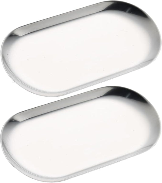 SUTOKAKA Decorative Serving Tray, Manicure Tools Storage Dish, Perfume Jewelry Dinner Placing Plate for Bedroom Kitchen Salon Supplies (Stainless Steel - 2PC, 7.09 * 3.35 * 0.39 Inch)