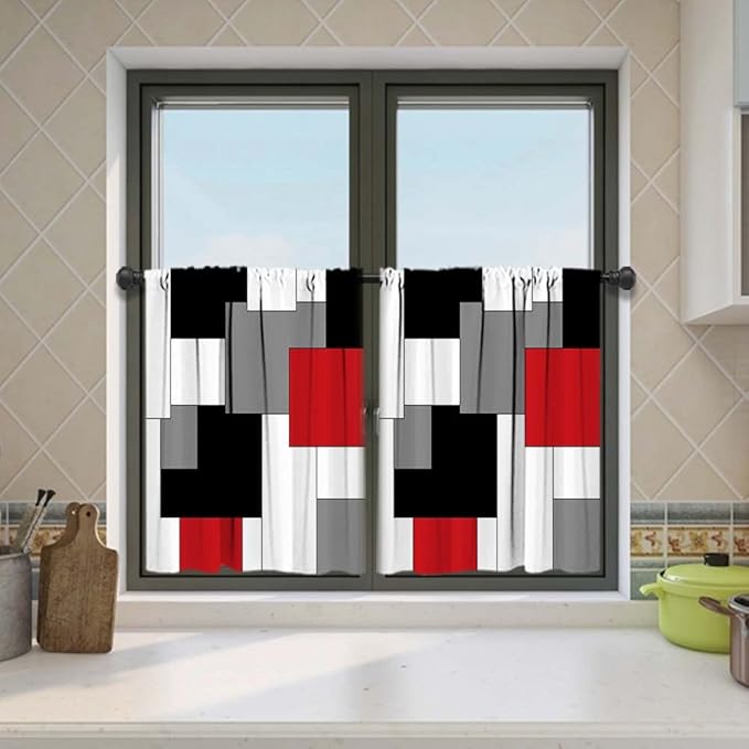 MCALK Red Blackout Kitchen Curtains Tiers Set 2 Piece for Windows Grey and Black Kitchen Window Curtains Set,White Modern Abstract Art Valances for Living Room(24" Tiers Set)