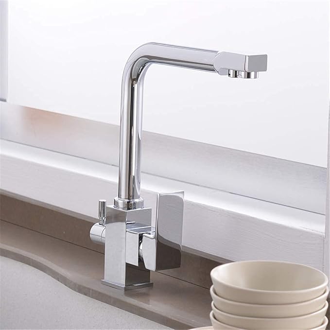 RajoNN 3-Way Kitchen Faucet Water Filter with 360° Swivel Aerator & Dual Handles - Chrome, Stylish Sink Mixer Tap for Clean Drinking Water, Easy Installation