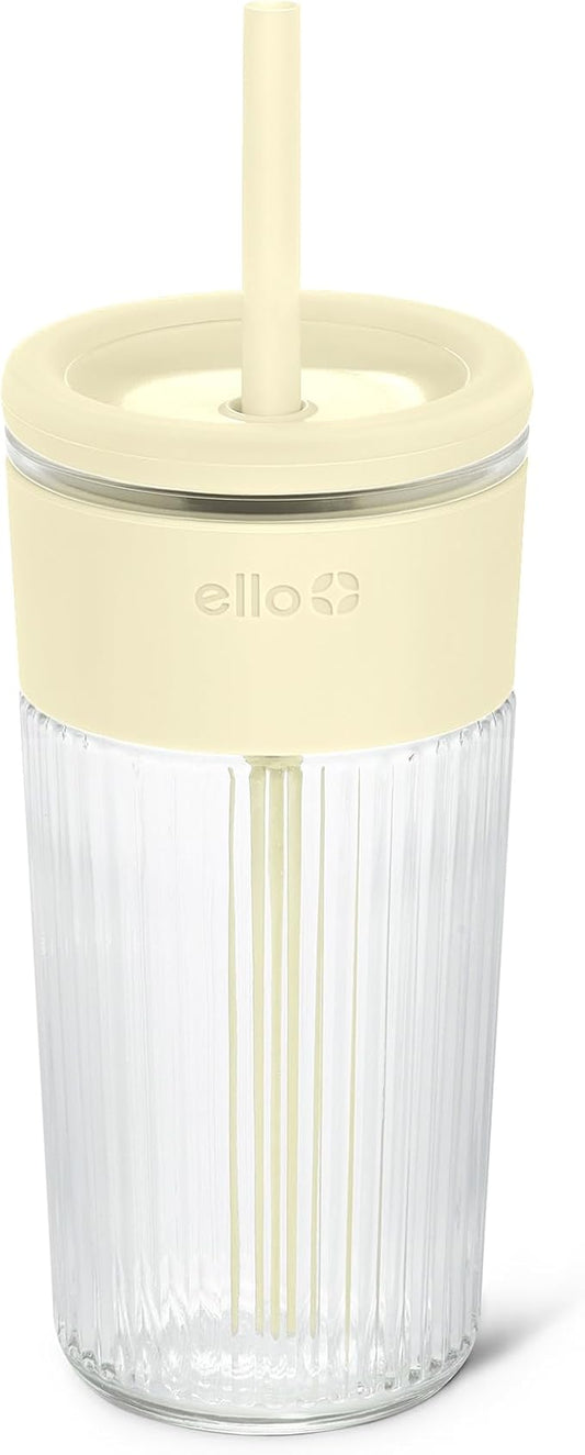 Ello Ava 18oz Glass Tumbler with Straw and Lid | Premium Ribbed Glass with Silicone Grip, Car Cup Friendly, Dishwasher Safe, BPA Free | Iced Coffee, Water, Matcha, Juice Cup | Lemon