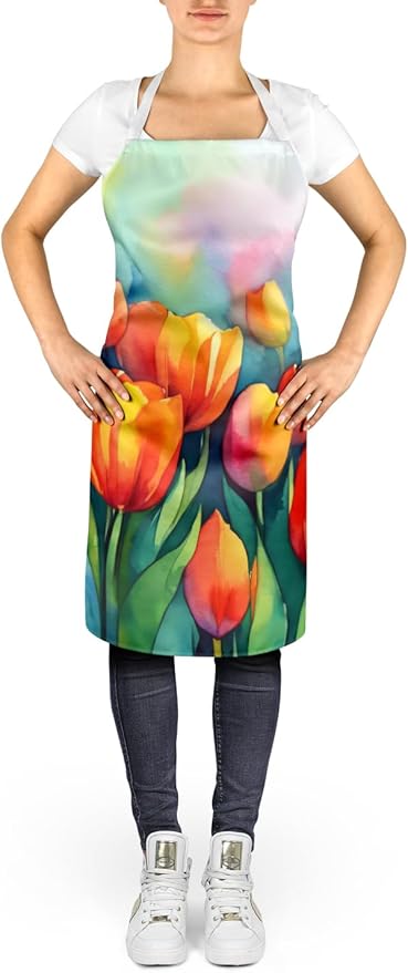 Caroline's Treasures Tulips in Watercolor Apron Cooking Kitchen Server Baking Crafts Gardening for Adult Women Men, Unisex, Large, Multicolor