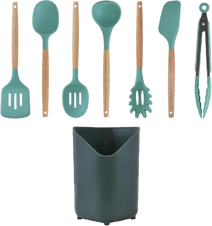 Glad Silicone Kitchen Utensils Set, 8pcs - Nonstick Cooking Tools with Wooden Handles and Utensil Holder - Spatula Set with Turner, Ladle, Spoons, Tongs, and Spaghetti Server - Teal Green