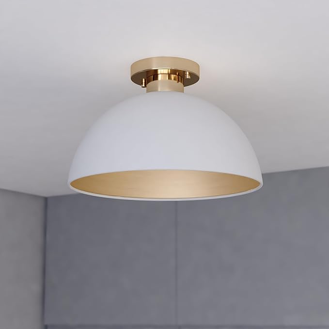 VAXCEL Devon 12.75-in W LED Compatible Glossy White and Gold Satin Brass Mid-Century Modern Semi Flush Mount Ceiling Light