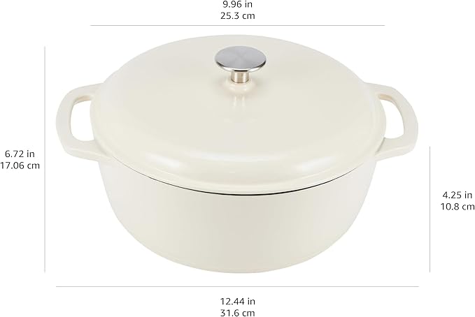 Amazon Basics Enameled Cast Iron Dutch Oven Pot with Lid, Oven Safe, Heavy-Duty, Dual Handles for Baking, Roasting, Stews, 4.3-Quart, White