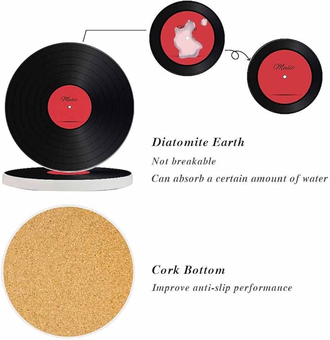oFloral Vinyl Record Coasters for Drinks Music Disk Modern Classic Cups Place Mats for Home Decor Set of 2, 4 Inch