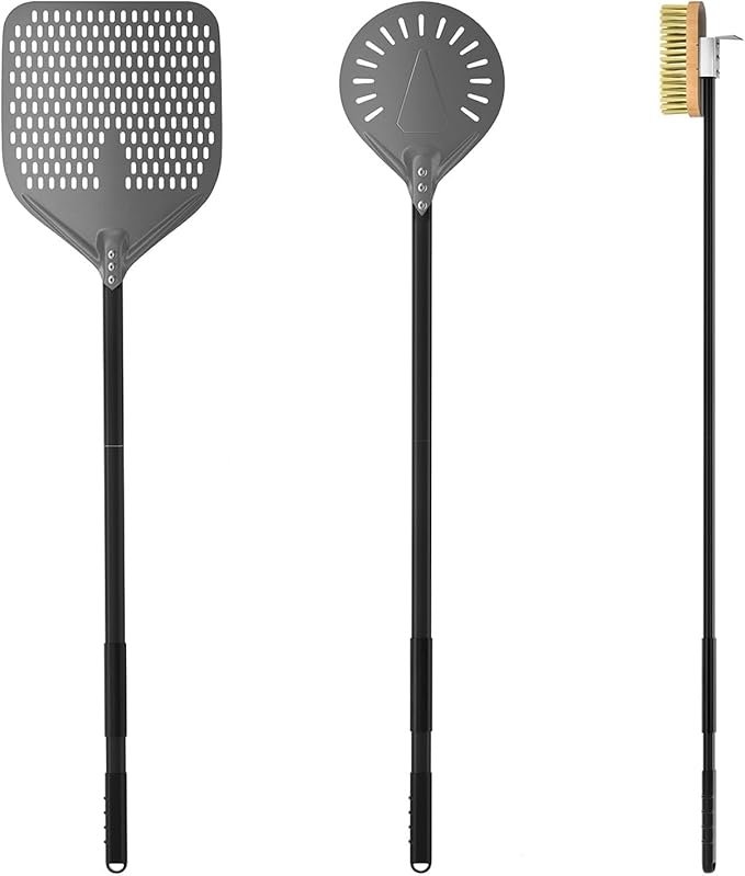 G.a HOMEFAVOR 3-Piece Pizza Peel Set - 12" × 15" Perforated Aluminum Pizza Peel, 9" Round Turning Peel, Pizza Oven Cleaning Brush, Pizza Oven Accessories, Pizza Kit for Pizza Lover