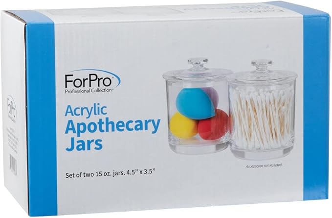 ForPro Clear Acrylic Apothecary Jars with Lids, Set of 2 Shatterproof Qtip Holder & Cotton Ball Container, 15 Oz Bathroom Vanity Organizer Canister for Kitchen & Office Decor, 4.5" x 3.5"