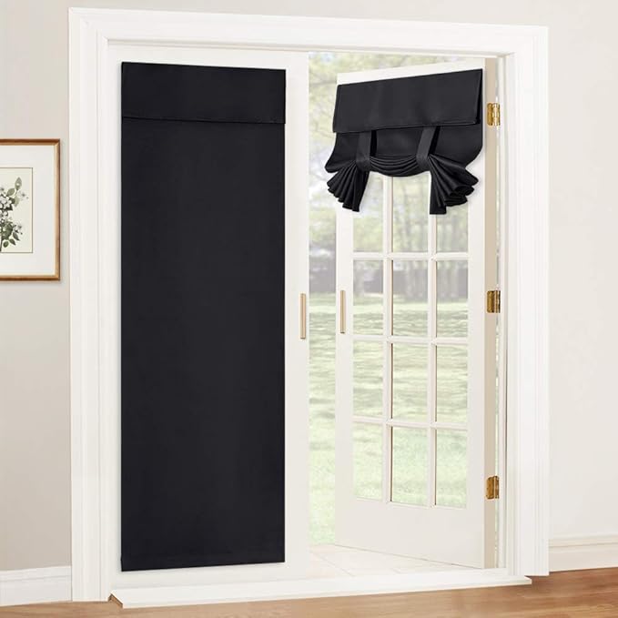 RYB HOME Blackout Tricia Window Door Curtain - Thermal Insulated Light Block Energy Efficient French Door Curtain Tie up Shades/Blind, 34 x 69 inches, Black, 1 Panel