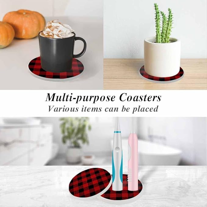 oFloral Red Black Plaid Coasters for Drinks Vintage Classic Checkered Cups Place Mats for Home Decor Set of 2, 4 Inch