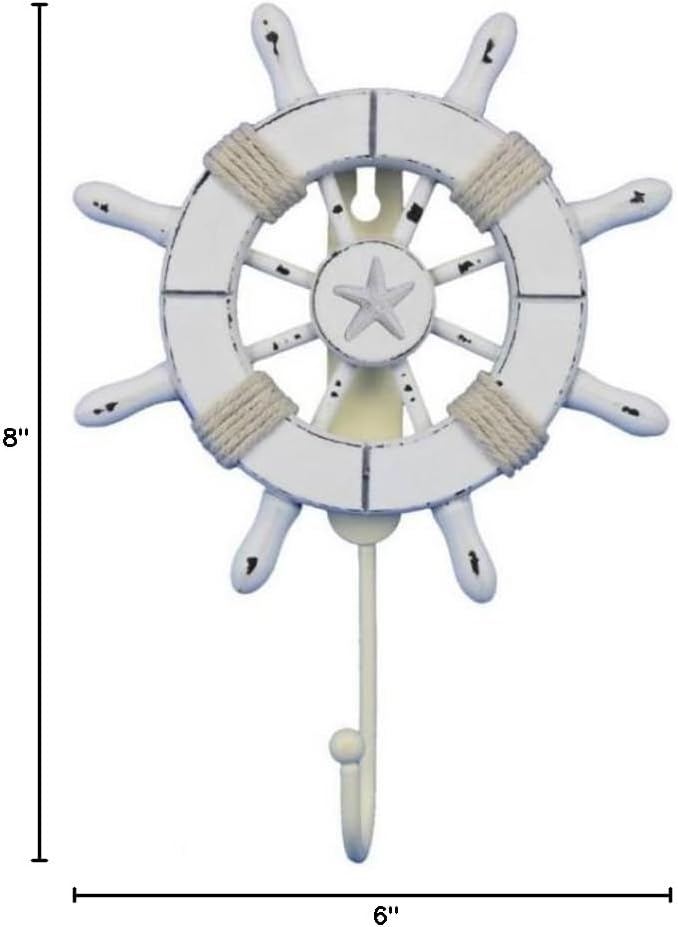 Handcrafted Nautical Decor Rustic All White Decorative Ship Wheel with Starfish with Hook 6" - Wooden Ship