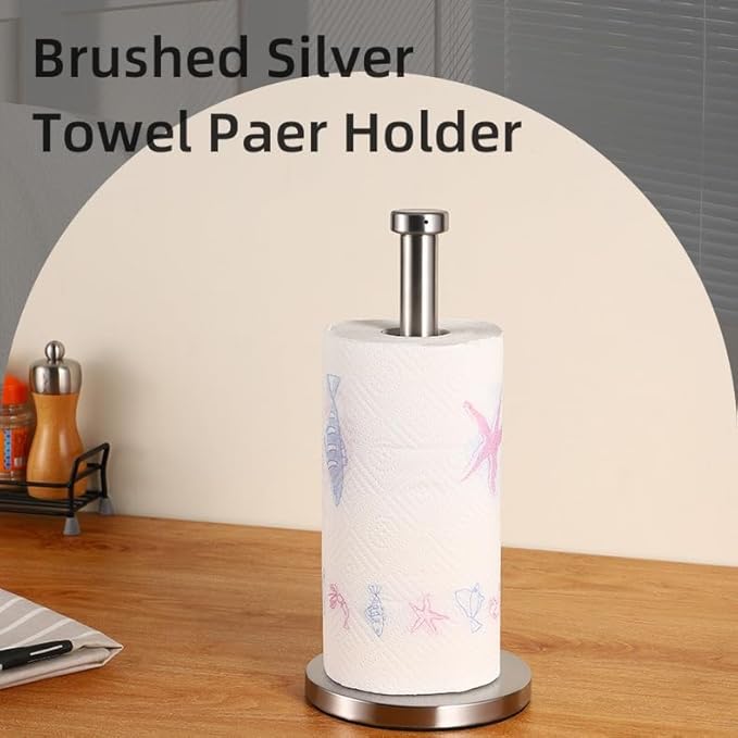 Paper Towel Holder, NSCMQSL Brushed Silver Kitchen Towel Holder, Steady Countertop Paper Towel Holder with Weighted Base for Kitchen Roll Holder(Silver)
