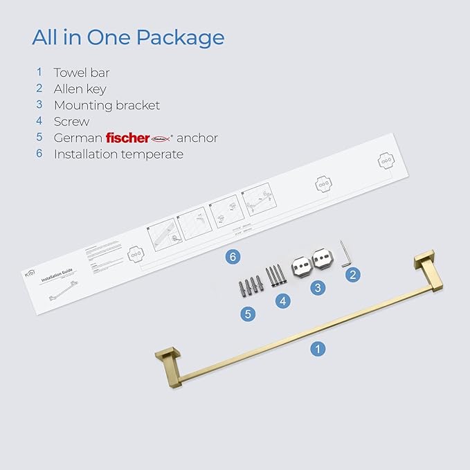KIBI Cube 24 Inch Bathroom Towel Bar | Wall Mounted Solid Brass Towel Hanger with Corrosion-Resistant Finish | Sleek and Durable Towel Holder for Bathroom Organization (Brushed Gold, KBA1504)
