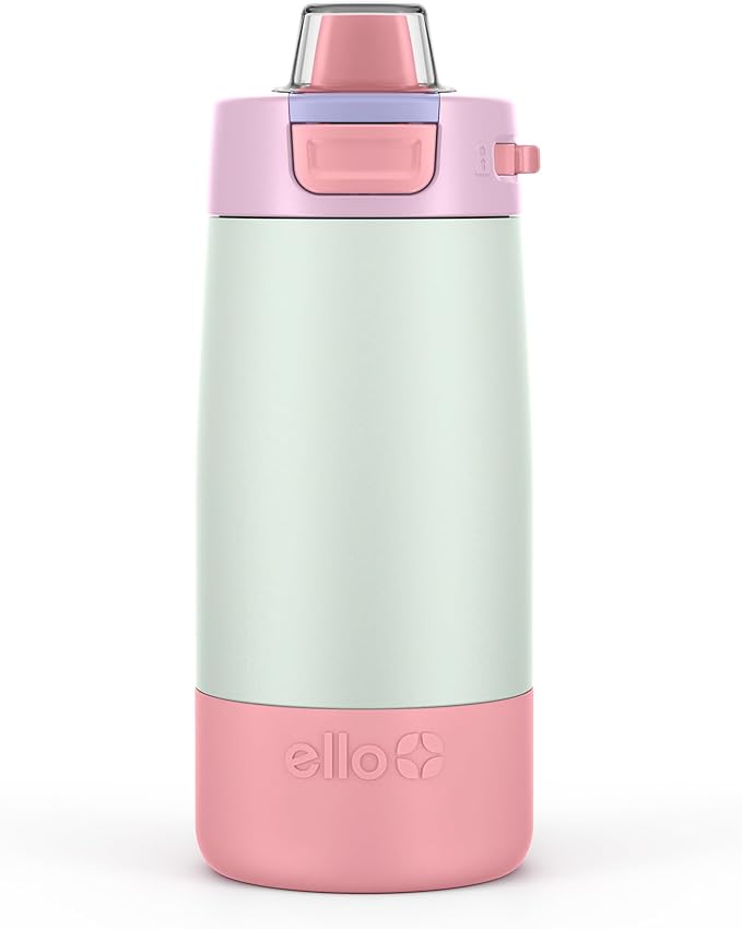 Ello Kids Colby 12oz Stainless Steel Insulated Water Bottle with Straw and Built-In Silicone Coaster Carrying Handle and Leak-Proof Locking Lid for School Backpack, Lunchbox, and Outdoor Sports