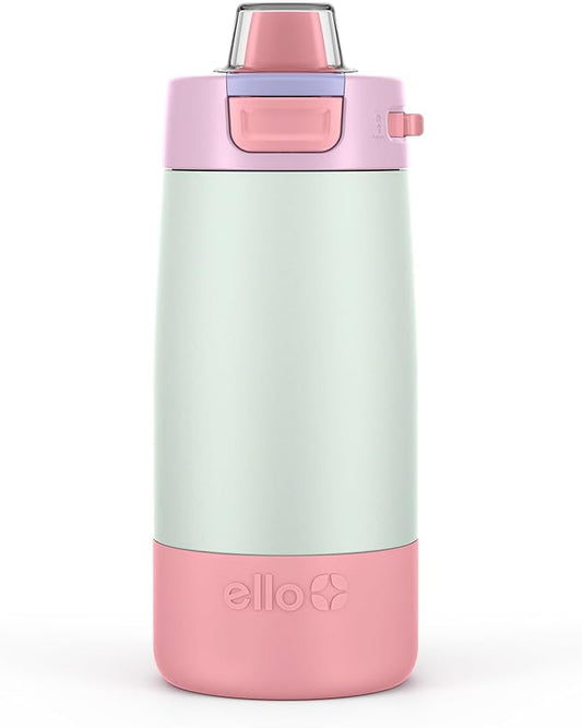 Ello Kids Colby 12oz Stainless Steel Insulated Water Bottle with Straw and Built-In Silicone Coaster Carrying Handle and Leak-Proof Locking Lid for School Backpack, Lunchbox, and Outdoor Sports